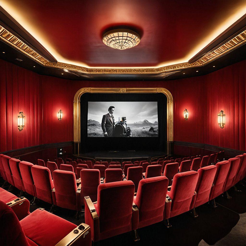 A panoramic view of a grand cinema hall with a vintage film projector casting a warm, golden light on luxurious red velvet seats. The screen shows iconic scenes from classic and modern adult movies, with an air of intrigue and sophistication. Art-deco elements and a hint of mystery. Super-realistic. Vibrant colors. Cinematic lighting.